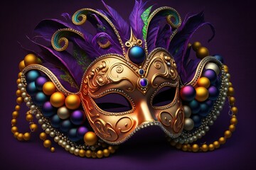 Mardi Gras mask with colorful beads on a purple background. Generative AI