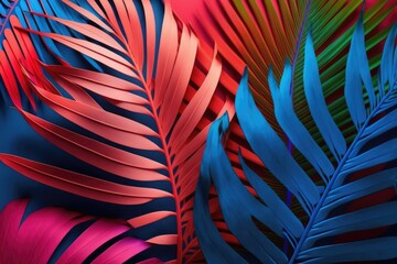 Sticker - Vibrant palm leaves from the tropics are painted in brilliant colors to create a vibrant tropical background. The idea of summer minimalism in clothing. The flat lay method. Generative AI