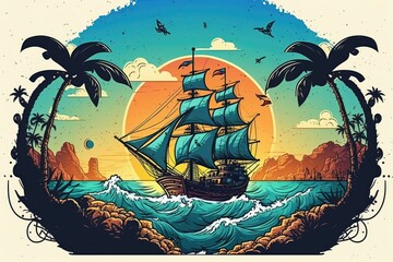 Canvas Print - Blue sea with a pirate ship. Generative AI