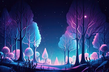 Sticker - Futuristic 2D illustration of a neon forest set against a starry night sky. The vivid hues give off a magical, dreamlike vibe. Generative AI