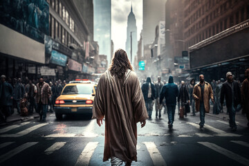 jesus christ walking in the city street. generative ai