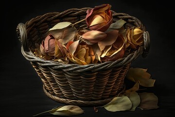 Poster - Rose petals that have been dried and stored. Added to the basket Black table with reddish brown petals serves as the backdrop. Generative AI