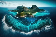 Lord Howe Island, A World Heritage Site In The Tasman Sea Between Australia And New Zealand, With Mt. Gower In The Background And A Turquoise Blue Coral Reef, Is Seen From Above. Generative AI