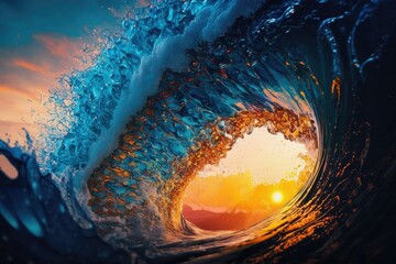 Wall Mural - summer sunset tropical design template stunning wave of ocean water, breaking with splashes and drops as the ride comes to an end. Generative AI