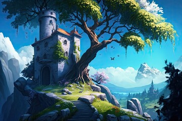 Sticker - On the Peak of the Natural Kingdom Sits a Fantasy Inspired Castle Tower Fit for a Fairy Tale Landscape. Visualization of an imagined setting. Artwork for a book. In Game Cutscene High Quality Digital