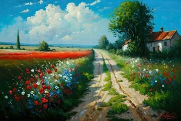 The original oil painting on canvas depicts a country road surrounded by fields of flowers. Artists of the Contemporary Impressionist Movement. Generative AI