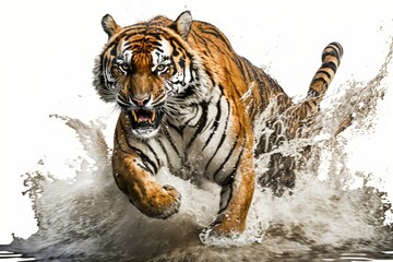 Poster - Panthera tigris altaica, or the Siberian tiger, is pictured here from a low angle, running straight at the camera while splashing water all around. Example of a predator using attack mode. Photograph