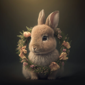Pretty Brown Rabbit with an Evergreen Wreath - Made with Generative AI