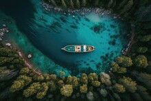 Aerial View Of A Boat Anchored In A Forest Filled Cove. Generative AI