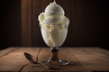 Wall Mural - Gourmet vanilla ice cream in glass bowl on ice cream parlor table. AI generated. frozen dessert