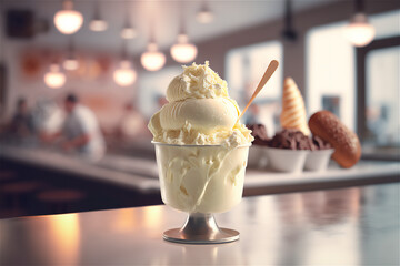 Gourmet vanilla ice cream in glass bowl on ice cream parlor table. AI generated. frozen dessert