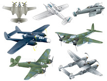 7 Types Of Army Colored Twin Propeller Engine War Airplanes From Ww2 Era (America And  Great Britain. Vector. Eps. Png. Jpeg)	