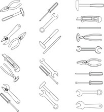 Tools Icons Set Hammer And Wrench, Screwdriver And Spanner Outline Vector Illustration
