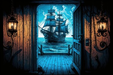 Poster - the deck of the pirate ship, having access to the galley and the captain's quarters via a door,. gen