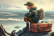 Illustration Painting Of A Boy Looking And Waiting The Boat In The Sea Against Sky, Digital Art Style. (ai Generated)