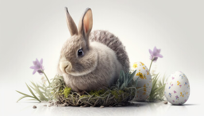 Wall Mural - A furry easter bunny sitting in a basket of chocolate easter eggs, with purple flowers, speckled eggs, Generative AI