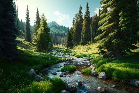 a peaceful brook from latorita's spring winds its way through a dense spruce forest and a lush alpin