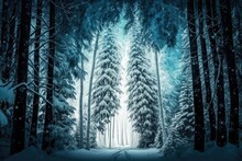 Coniferous Forest Blanketed In Snow. Adorable Winter Scene That Repeats Itself. Horizontal Perspective Of A Wintry Woods. Generative AI