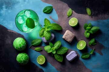 Wall Mural - Lime and mint for a mojito are sitting in a highball glass on a stone table. The components of a cocktail and the equipment needed to make it. Top view and room for copy. Generative AI