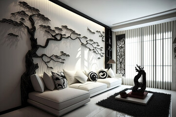 Wall Mural - There is a contemporary sofa and interior design in an Asian style in this living room. Generative AI