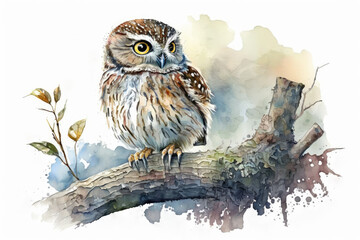 Poster - This is a watercolor painting of a cute little owl, which was illustrated for a children's book. Generative AI