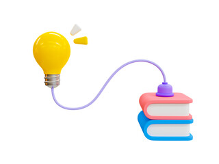 Poster - 3d minimal learning concept. reading a book to get a new idea concept. educating to get new knowledge. online education concept. light bulb connected to a book. 3d illustration.