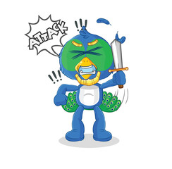 Sticker - peacock knights attack with sword. cartoon mascot vector