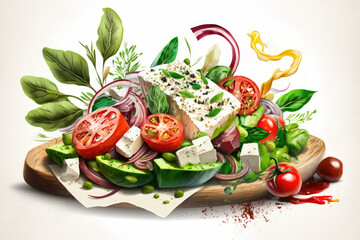 Poster - Salad greens, tomatoes, peppers, onions, cucumbers, and feta cheese tossed in Greek dressing. Model for balanced diets. Delicious and nutritious vegetarian fare. Instantaneous, intense, and intimate f