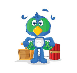 Sticker - peacock holding dynamite detonator. cartoon mascot vector