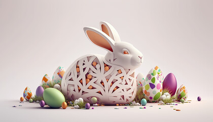 Wall Mural - A 3d white paper easter bunny, paper 3d easter eggs, elegant and beautiful, Generative AI