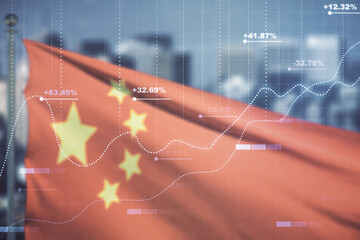 Aufkleber - Double exposure of abstract creative statistics data hologram on Chinese flag and city background, analytics and forecasting concept