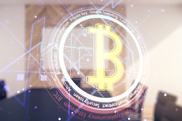 Poster - Virtual Bitcoin sketch on a modern coworking room background. Double exposure