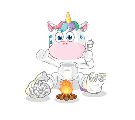 Wall Mural - unicorn roasting marshmallows. cartoon mascot vector