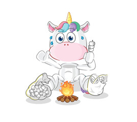 Poster - unicorn roasting marshmallows. cartoon mascot vector