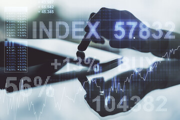Poster - Multi exposure of abstract creative financial graph with finger presses on a digital tablet on background, forex and investment concept