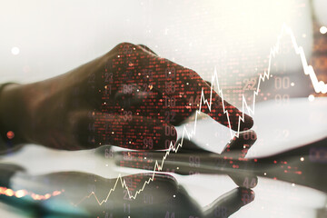 Poster - Multi exposure of abstract financial diagram with world map and hand working with a digital tablet on background, banking and accounting concept