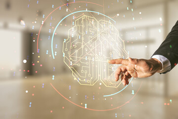 Aufkleber - Double exposure of man hand presses on creative artificial Intelligence interface on blurred office background. Neural networks and machine learning concept