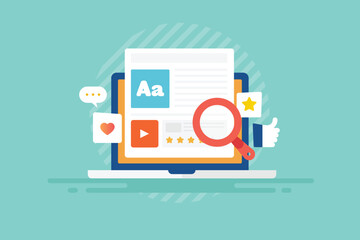 Blogging and SEO content optimization for online brand promotion, website marketing management concept on laptop screen vector illustration.