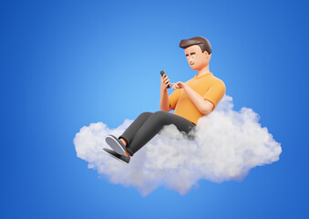 cartoon character man use smartphone seat on cloud over blue background. online searfing education i