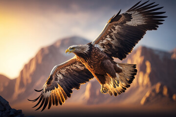 Wall Mural - Eagle bird flying on sunset sky abstract background. Animal and freedom concept. Generative ai