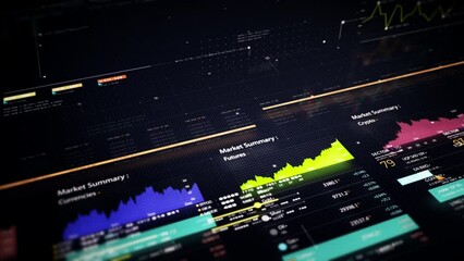 Leinwandbilder - Business stock market, trading, info graphic with animated graphs, charts and data numbers insight analysis to be shown on monitor display screen for business meeting mock up theme