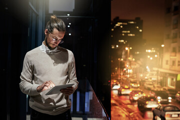 Poster - Tablet, city and business man at night for research, browse internet and social media on rooftop. Technology, communication and male with digital tech for email, networking and online website in dark