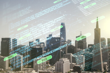 Poster - Abstract virtual coding concept on San Francisco skyline background. Multiexposure