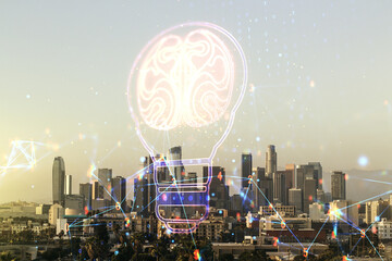 Leinwandbilder - Abstract virtual idea concept with light bulb and human brain illustration on Los Angeles skyline background. Neural networks and machine learning concept. Multiexposure