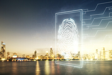 Poster - Multi exposure of virtual fingerprint scan interface on Chicago office buildings background, digital access concept