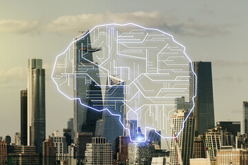 Poster - Virtual creative artificial Intelligence hologram with human brain sketch on New York cityscape background. Double exposure