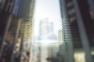 Poster - Virtual creative artificial Intelligence hologram with human brain sketch on office buildings background. Multiexposure
