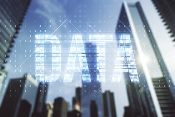 Poster - Virtual Data word sign hologram on office buildings background. Multiexposure
