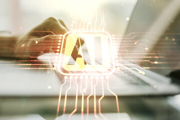 Poster - creative artificial intelligence symbol concept with hands typing on laptop on background. multiexpo