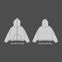 Full Zip Hoodie Sweatshirt Flat Technical Drawing Illustration Mock-up Template For Design And Tech Packs Men Or Unisex Fashion CAD Streetwear.